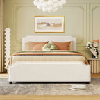 Lit plateforme Queen rembourré en velours gris/beige avec clous, 4 tiroirs, assemblage par 2 personnes