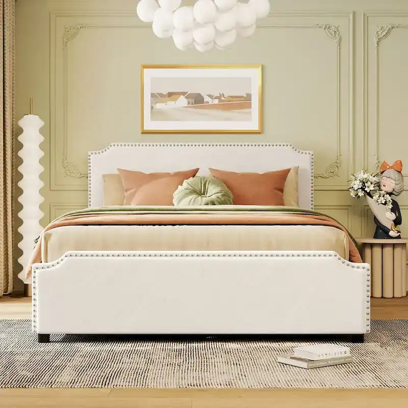 Lit plateforme Queen rembourré en velours gris/beige avec clous, 4 tiroirs, assemblage par 2 personnes