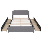 Lit plateforme Queen rembourré en velours gris/beige avec clous, 4 tiroirs, assemblage par 2 personnes