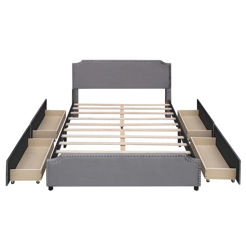 Lit plateforme Queen rembourré en velours gris/beige avec clous, 4 tiroirs, assemblage par 2 personnes