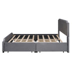 Lit plateforme Queen rembourré en velours gris/beige avec clous, 4 tiroirs, assemblage par 2 personnes