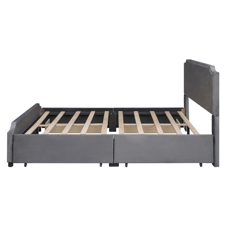 Lit plateforme Queen rembourré en velours gris/beige avec clous, 4 tiroirs, assemblage par 2 personnes