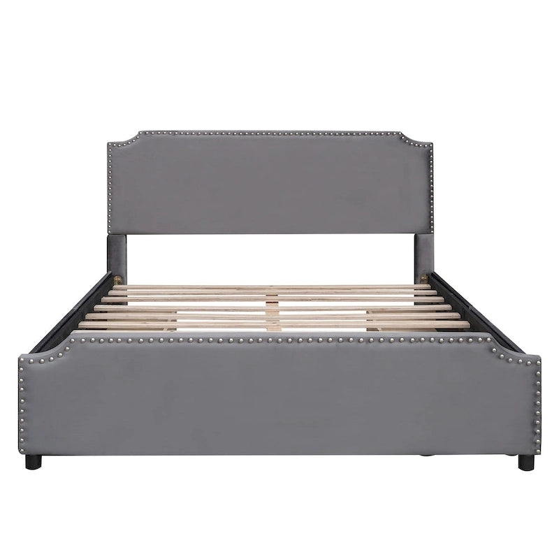 Lit plateforme Queen rembourré en velours gris/beige avec clous, 4 tiroirs, assemblage par 2 personnes