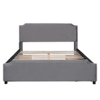 Lit plateforme Queen rembourré en velours gris/beige avec clous, 4 tiroirs, assemblage par 2 personnes