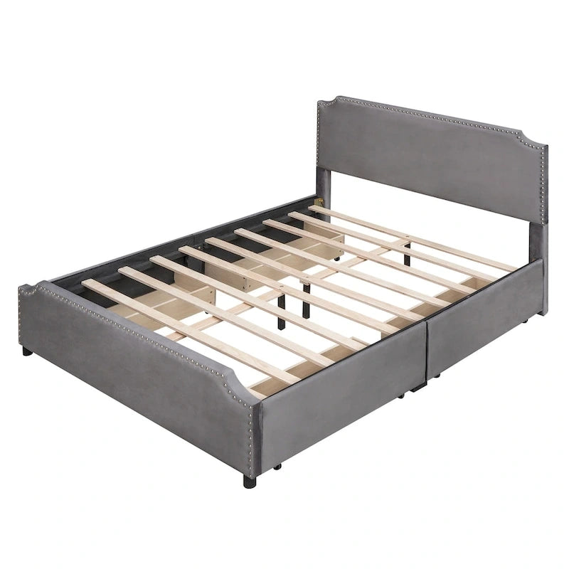 Lit plateforme Queen rembourré en velours gris/beige avec clous, 4 tiroirs, assemblage par 2 personnes