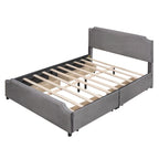 Lit plateforme Queen rembourré en velours gris/beige avec clous, 4 tiroirs, assemblage par 2 personnes