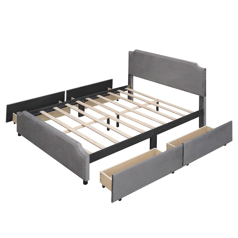 Lit plateforme Queen rembourré en velours gris/beige avec clous, 4 tiroirs, assemblage par 2 personnes