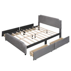 Lit plateforme Queen rembourré en velours gris/beige avec clous, 4 tiroirs, assemblage par 2 personnes
