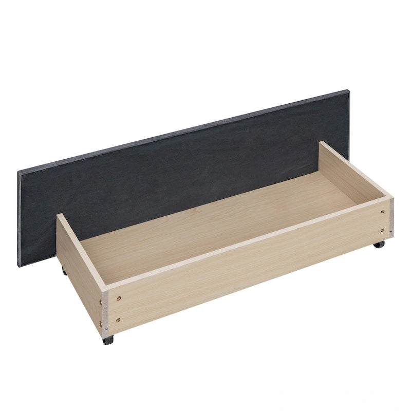 Lit plateforme Queen rembourré en velours gris/beige avec clous, 4 tiroirs, assemblage par 2 personnes