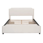 Lit plateforme Queen rembourré en velours gris/beige avec clous, 4 tiroirs, assemblage par 2 personnes