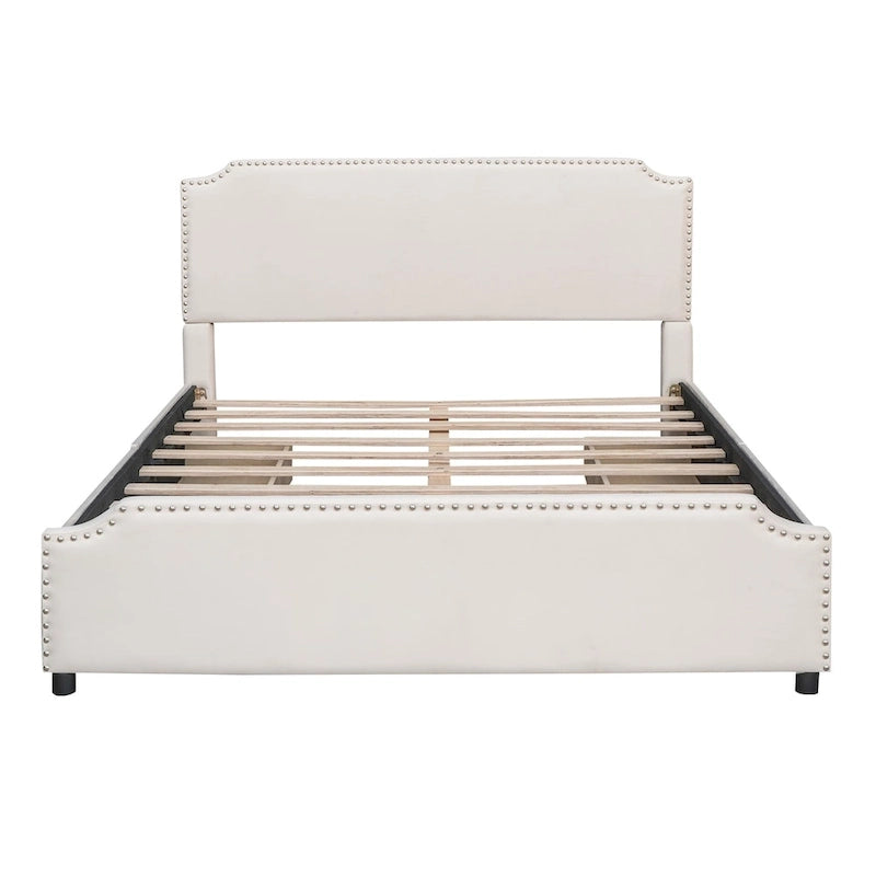 Lit plateforme Queen rembourré en velours gris/beige avec clous, 4 tiroirs, assemblage par 2 personnes