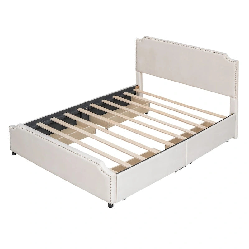 Lit plateforme Queen rembourré en velours gris/beige avec clous, 4 tiroirs, assemblage par 2 personnes