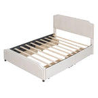 Lit plateforme Queen rembourré en velours gris/beige avec clous, 4 tiroirs, assemblage par 2 personnes
