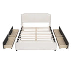 Lit plateforme Queen rembourré en velours gris/beige avec clous, 4 tiroirs, assemblage par 2 personnes