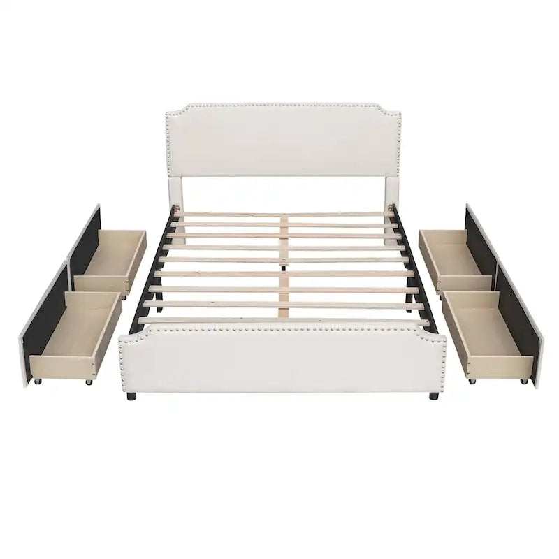 Lit plateforme Queen rembourré en velours gris/beige avec clous, 4 tiroirs, assemblage par 2 personnes
