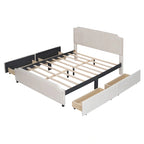 Lit plateforme Queen rembourré en velours gris/beige avec clous, 4 tiroirs, assemblage par 2 personnes