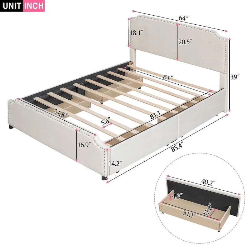 Lit plateforme Queen rembourré en velours gris/beige avec clous, 4 tiroirs, assemblage par 2 personnes
