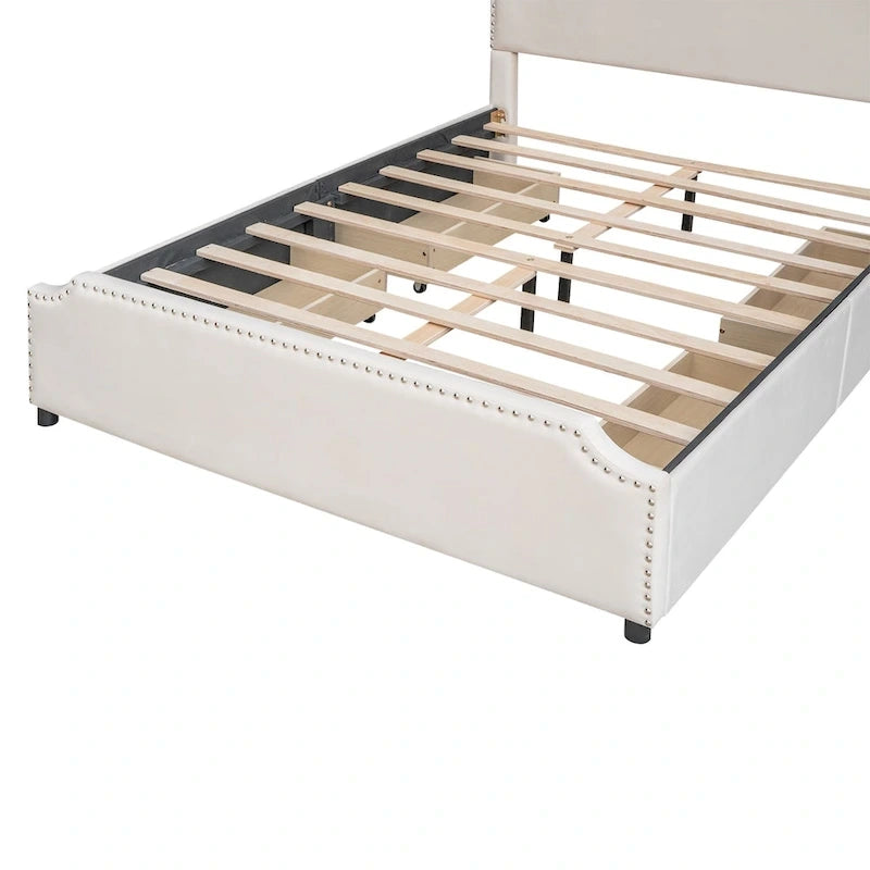 Lit plateforme Queen rembourré en velours gris/beige avec clous, 4 tiroirs, assemblage par 2 personnes