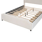 Lit plateforme Queen rembourré en velours gris/beige avec clous, 4 tiroirs, assemblage par 2 personnes