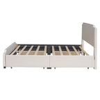 Lit plateforme Queen rembourré en velours gris/beige avec clous, 4 tiroirs, assemblage par 2 personnes