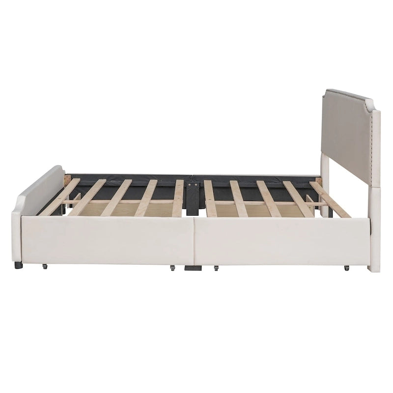 Lit plateforme Queen rembourré en velours gris/beige avec clous, 4 tiroirs, assemblage par 2 personnes