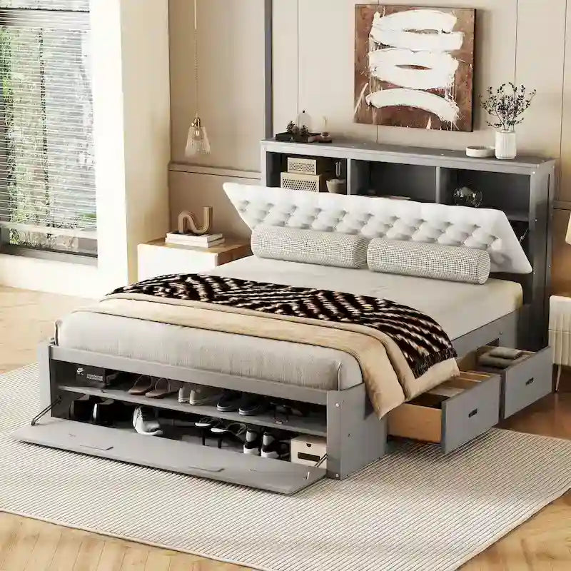 Lit plateforme espresso et gris avec tête de lit de rangement, 4 tiroirs et range-chaussures – Lit simple/double/grand, 1 à 2 personnes