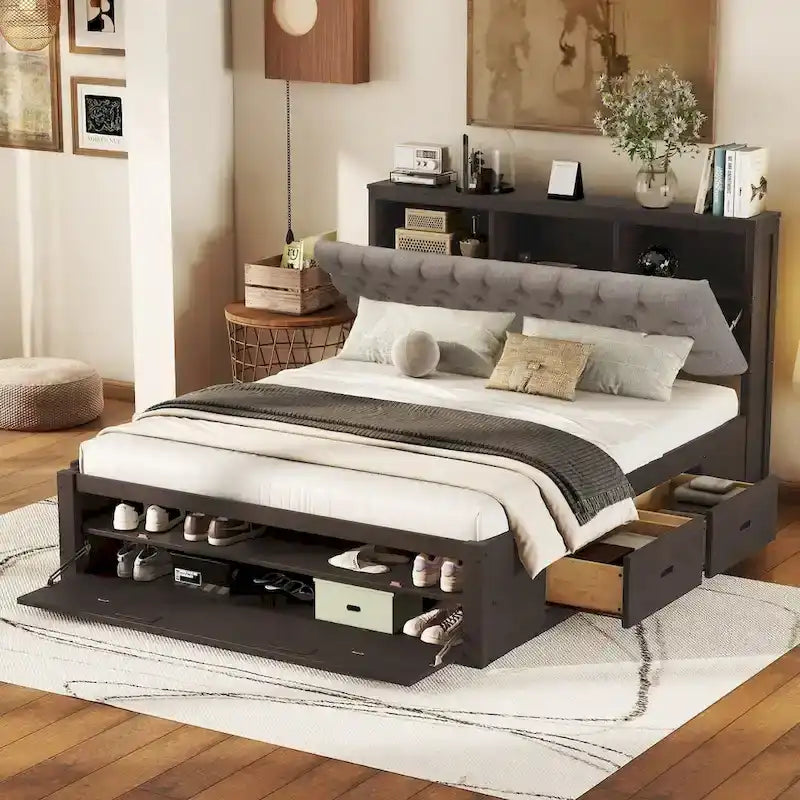 Lit plateforme espresso et gris avec tête de lit de rangement, 4 tiroirs et range-chaussures – Lit simple/double/grand, 1 à 2 personnes