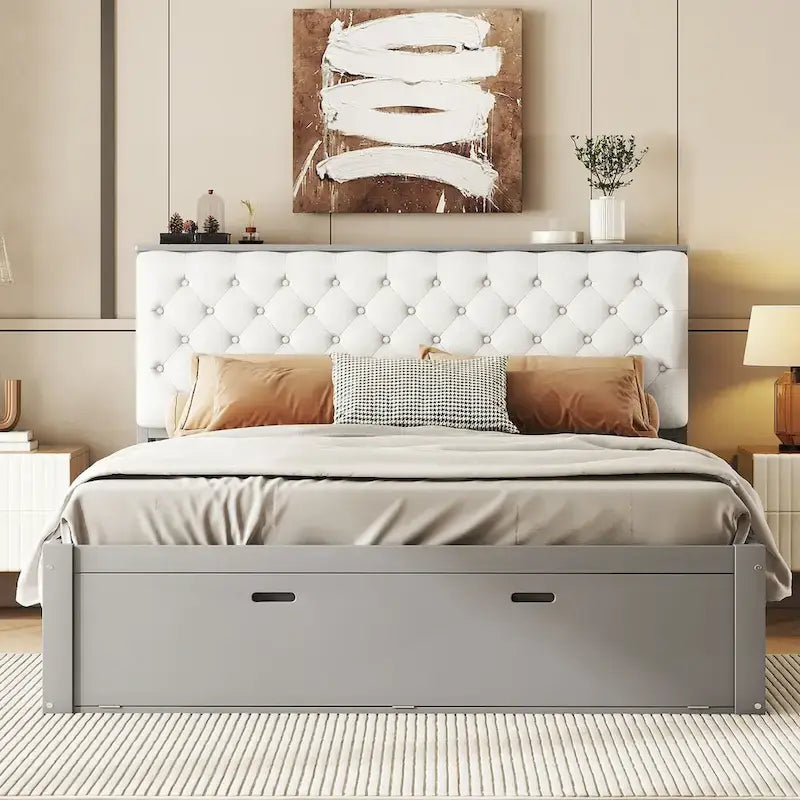 Lit plateforme espresso et gris avec tête de lit de rangement, 4 tiroirs et range-chaussures – Lit simple/double/grand, 1 à 2 personnes