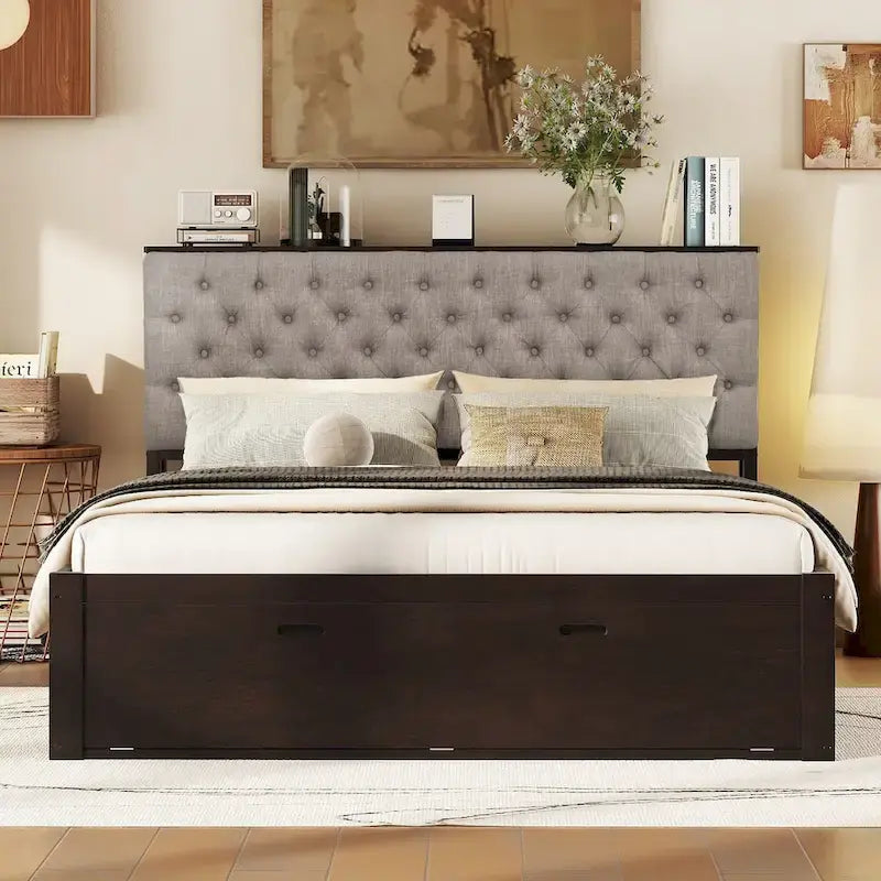 Lit plateforme espresso et gris avec tête de lit de rangement, 4 tiroirs et range-chaussures – Lit simple/double/grand, 1 à 2 personnes