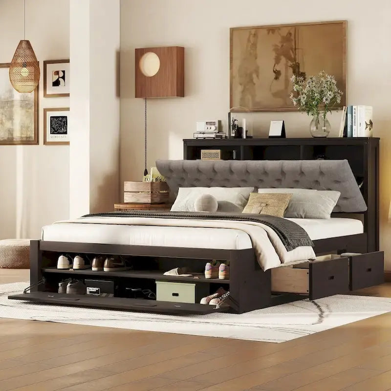 Lit plateforme espresso et gris avec tête de lit de rangement, 4 tiroirs et range-chaussures – Lit simple/double/grand, 1 à 2 personnes