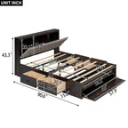 Lit plateforme espresso et gris avec tête de lit de rangement, 4 tiroirs et range-chaussures – Lit simple/double/grand, 1 à 2 personnes
