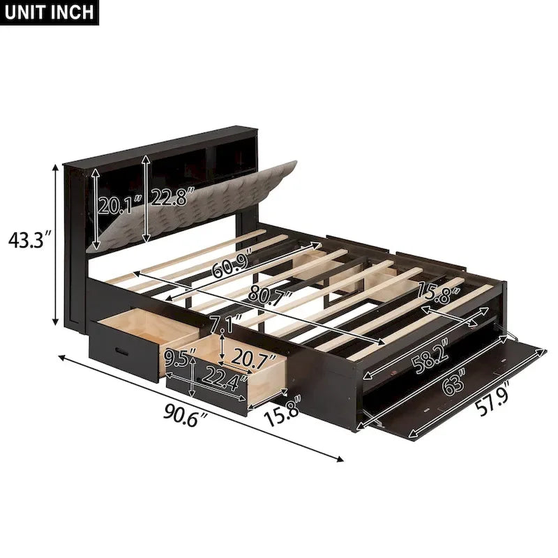Lit plateforme espresso et gris avec tête de lit de rangement, 4 tiroirs et range-chaussures – Lit simple/double/grand, 1 à 2 personnes