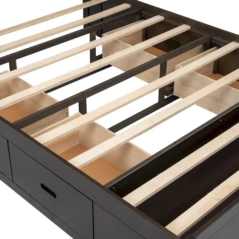 Lit plateforme espresso et gris avec tête de lit de rangement, 4 tiroirs et range-chaussures – Lit simple/double/grand, 1 à 2 personnes