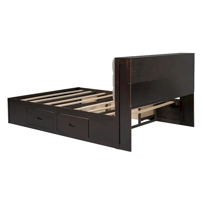 Lit plateforme espresso et gris avec tête de lit de rangement, 4 tiroirs et range-chaussures – Lit simple/double/grand, 1 à 2 personnes
