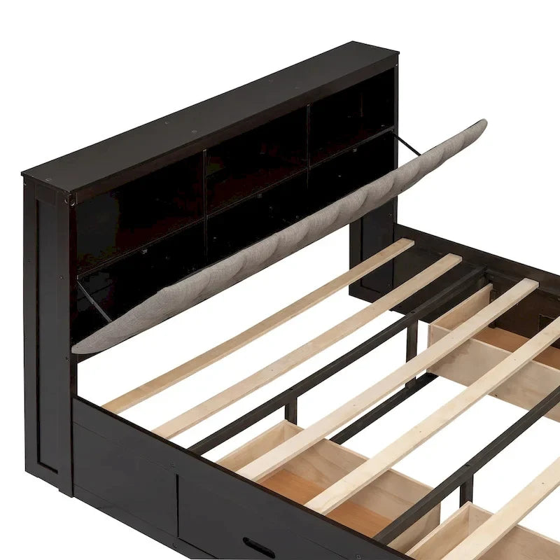 Lit plateforme espresso et gris avec tête de lit de rangement, 4 tiroirs et range-chaussures – Lit simple/double/grand, 1 à 2 personnes