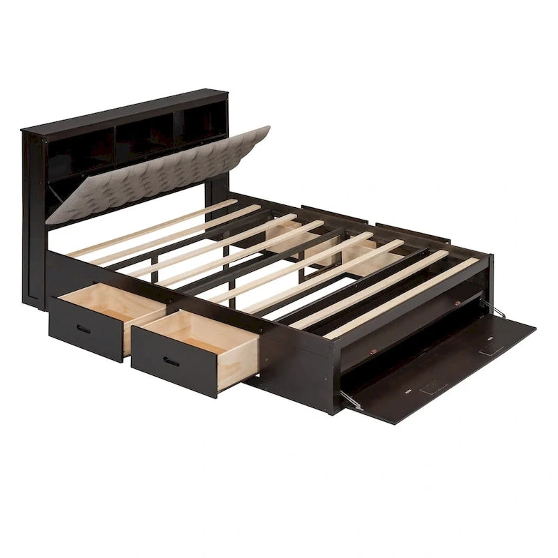 Lit plateforme espresso et gris avec tête de lit de rangement, 4 tiroirs et range-chaussures – Lit simple/double/grand, 1 à 2 personnes
