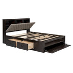 Lit plateforme espresso et gris avec tête de lit de rangement, 4 tiroirs et range-chaussures – Lit simple/double/grand, 1 à 2 personnes