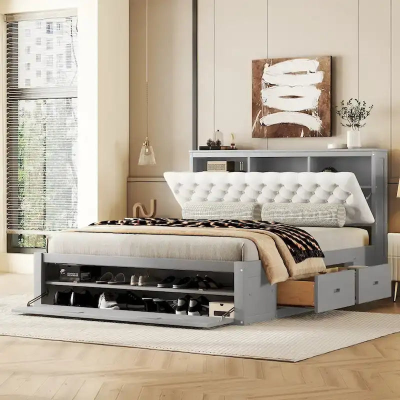Lit plateforme espresso et gris avec tête de lit de rangement, 4 tiroirs et range-chaussures – Lit simple/double/grand, 1 à 2 personnes