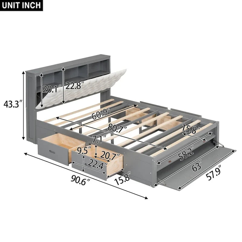 Lit plateforme espresso et gris avec tête de lit de rangement, 4 tiroirs et range-chaussures – Lit simple/double/grand, 1 à 2 personnes