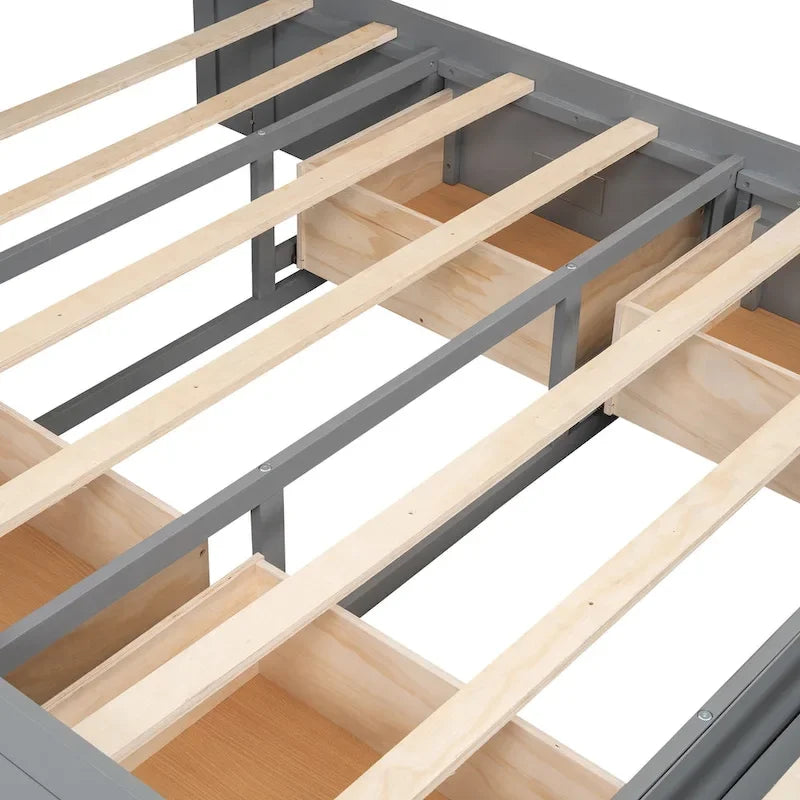 Lit plateforme espresso et gris avec tête de lit de rangement, 4 tiroirs et range-chaussures – Lit simple/double/grand, 1 à 2 personnes