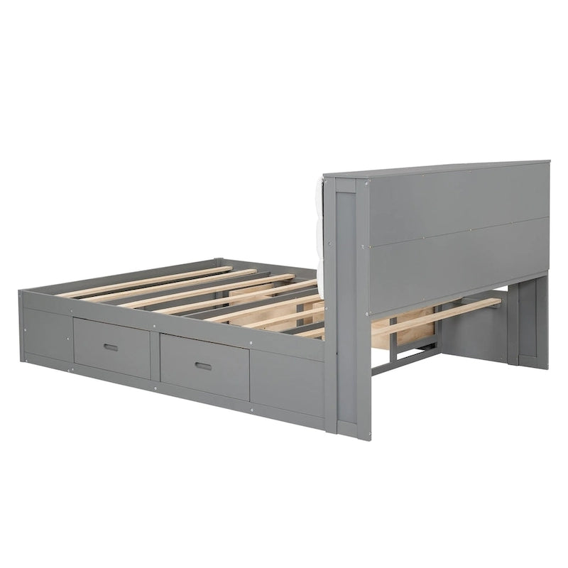 Lit plateforme espresso et gris avec tête de lit de rangement, 4 tiroirs et range-chaussures – Lit simple/double/grand, 1 à 2 personnes