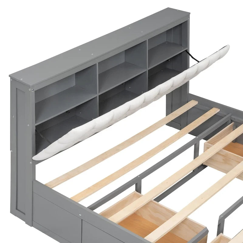 Lit plateforme espresso et gris avec tête de lit de rangement, 4 tiroirs et range-chaussures – Lit simple/double/grand, 1 à 2 personnes