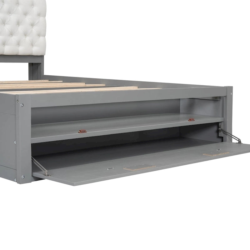 Lit plateforme espresso et gris avec tête de lit de rangement, 4 tiroirs et range-chaussures – Lit simple/double/grand, 1 à 2 personnes