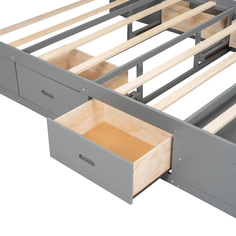 Lit plateforme espresso et gris avec tête de lit de rangement, 4 tiroirs et range-chaussures – Lit simple/double/grand, 1 à 2 personnes
