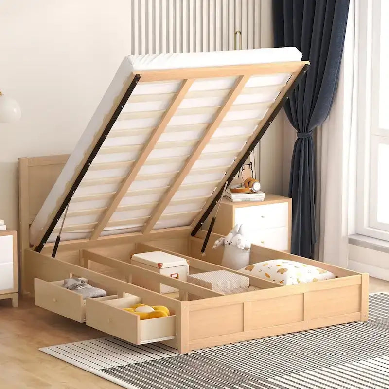 Lit plateforme queen en bois naturel avec 2 tiroirs et rangement sous le lit, 2 places