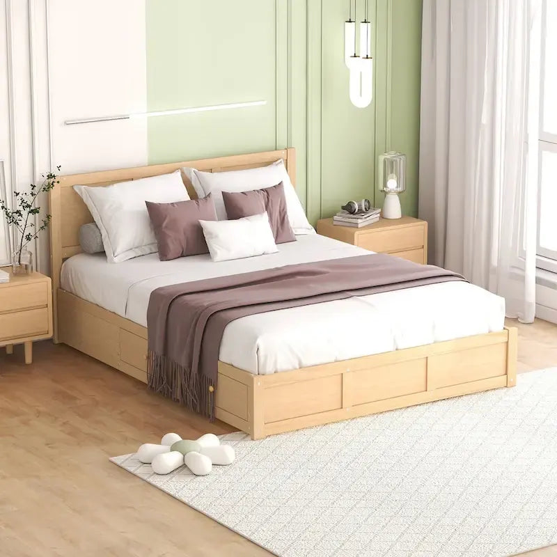 Lit plateforme queen en bois naturel avec 2 tiroirs et rangement sous le lit, 2 places