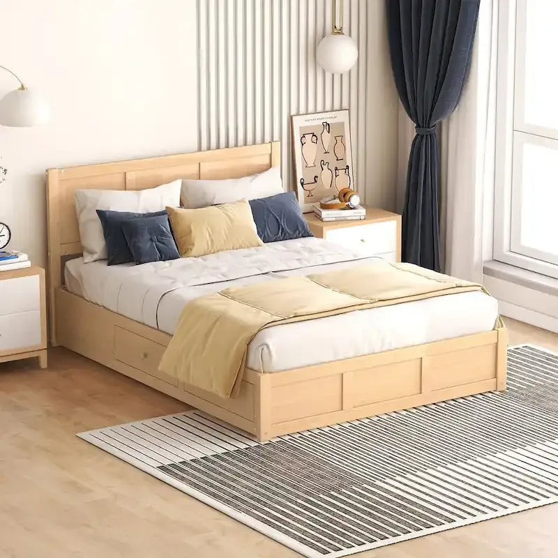Lit plateforme queen en bois naturel avec 2 tiroirs et rangement sous le lit, 2 places