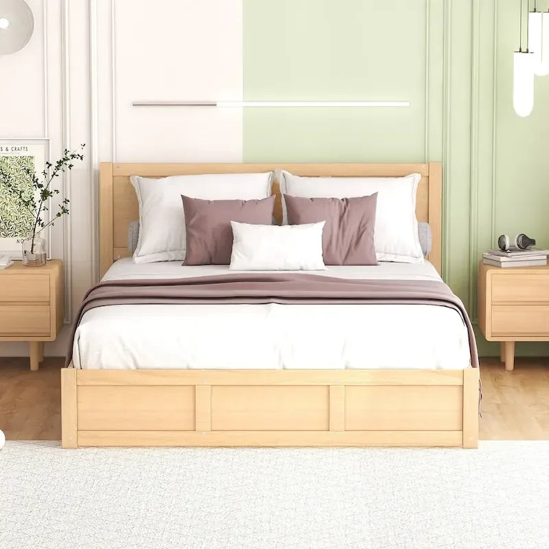 Lit plateforme queen en bois naturel avec 2 tiroirs et rangement sous le lit, 2 places