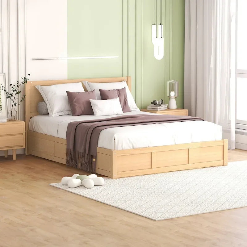 Lit plateforme queen en bois naturel avec 2 tiroirs et rangement sous le lit, 2 places