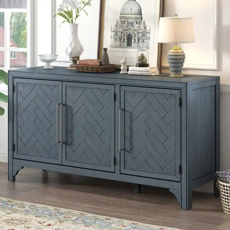 Buffet 3 portes 60 po, bleu marine/gris, placage de pin, MDF
